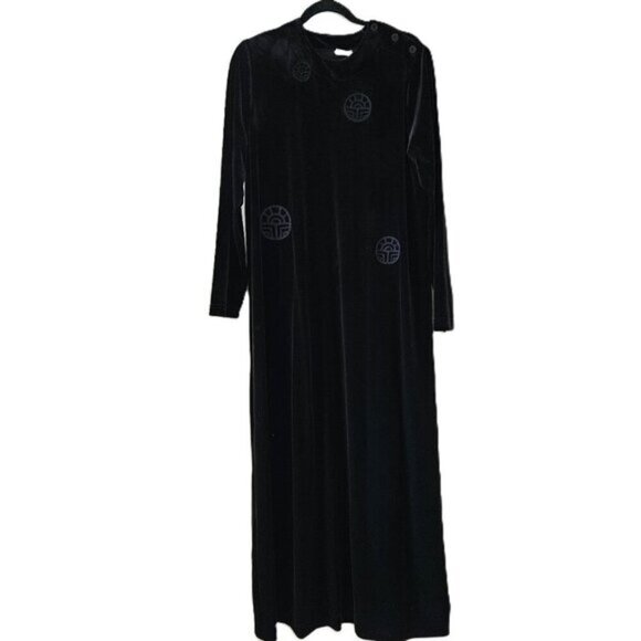 Fenucci Dresses & Skirts - Fenucci Dress L Black Velvet Embroidery Maxi Buttons LS Goth Witchy Sleek VTG